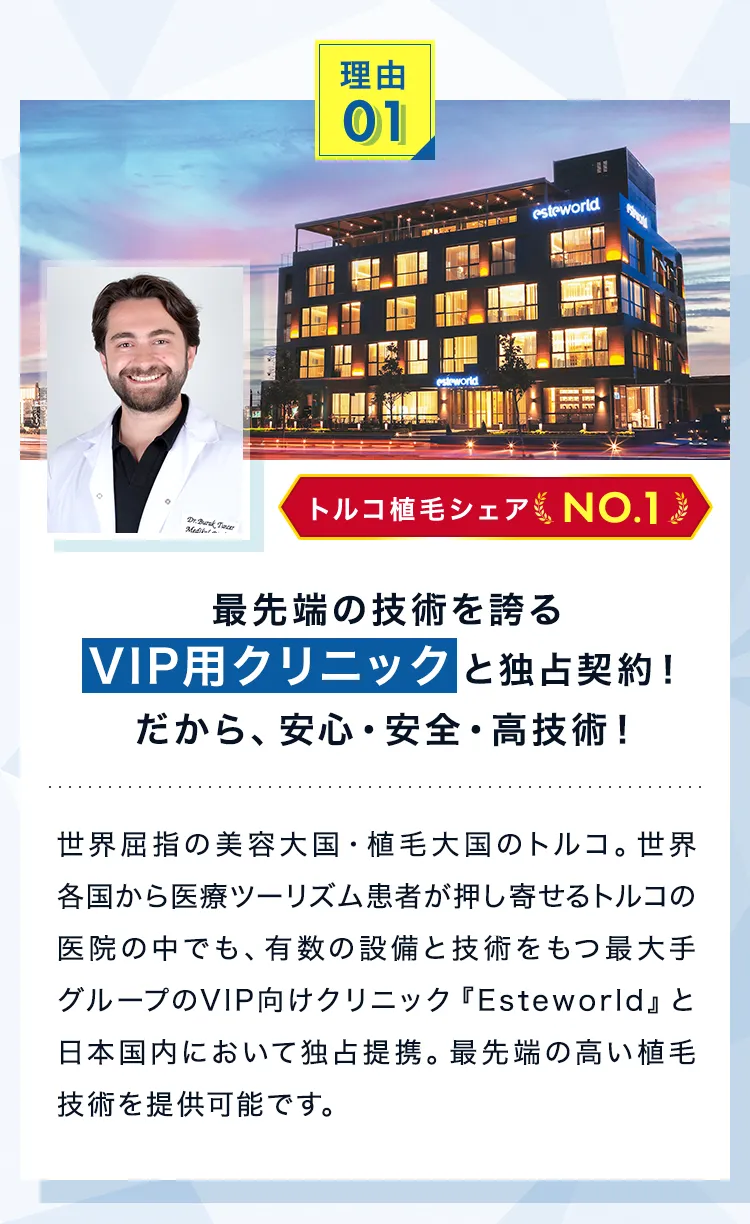 理由1　最先端の技術を誇るVIP用クリニックと独占契約！だから、安心・安全・高技術！